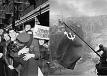 Festejos en las calles de Toronto por el V Day en Europa. - La bandera roja ondea sobre el Reichstag