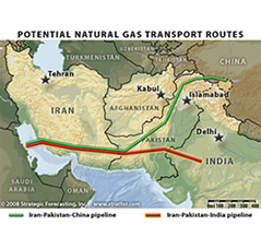 Trazado de los potenciales oleoductos y gasoductos de Irán hacia China e India.